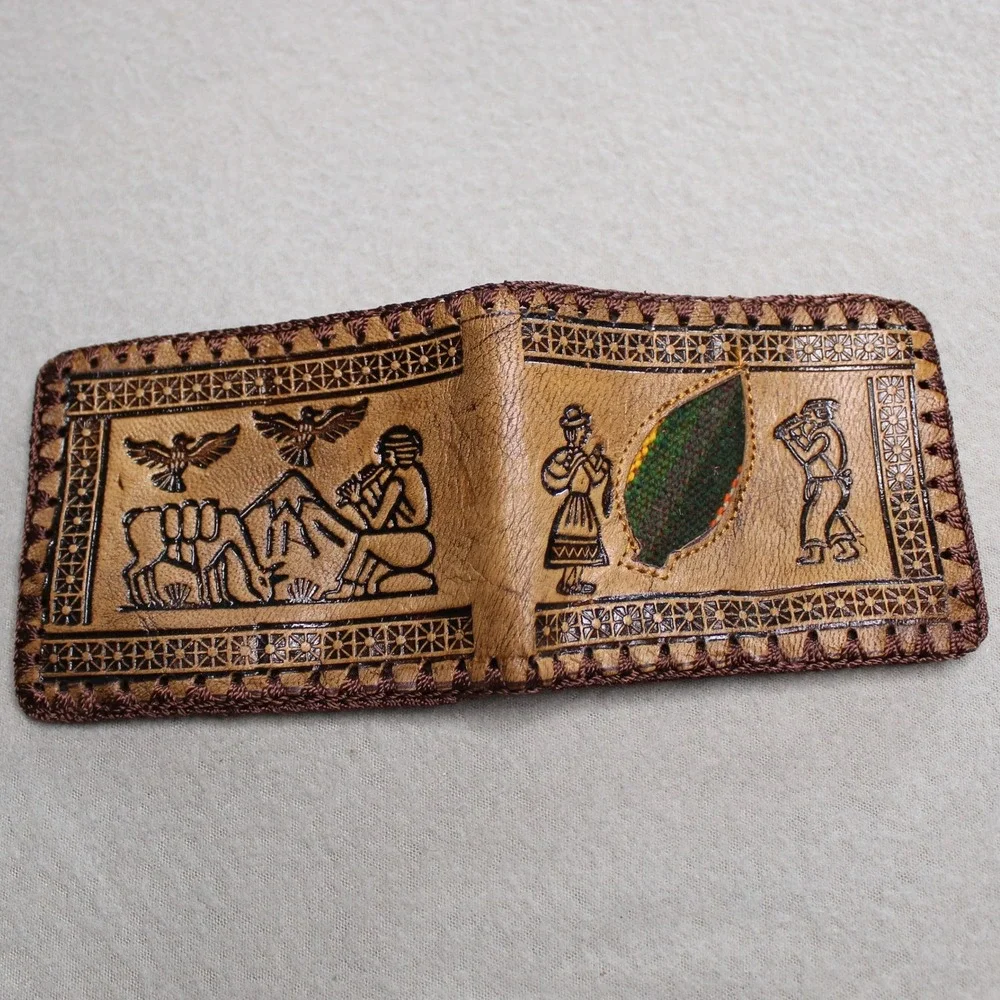 Tooled Leather Bifold Wallet Andean Llama Pan Flute Tan Brown Handcrafted